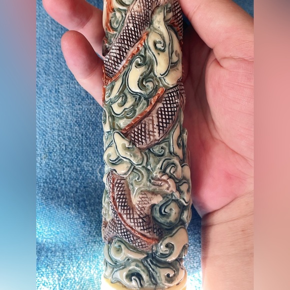 VTG Chinese Scene Carved Resin Tusk Faux Scrimshaw Dragons Colorful stamped main image 3